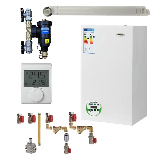 Pachet centrala termica Motan MKDens 20-P 22.5 kW, in condensare, kit evacuare, kit montaj complet RTM, filtru antimagnetita Caleffi 3/4" si termostat ambiental Wireless RTM incluse