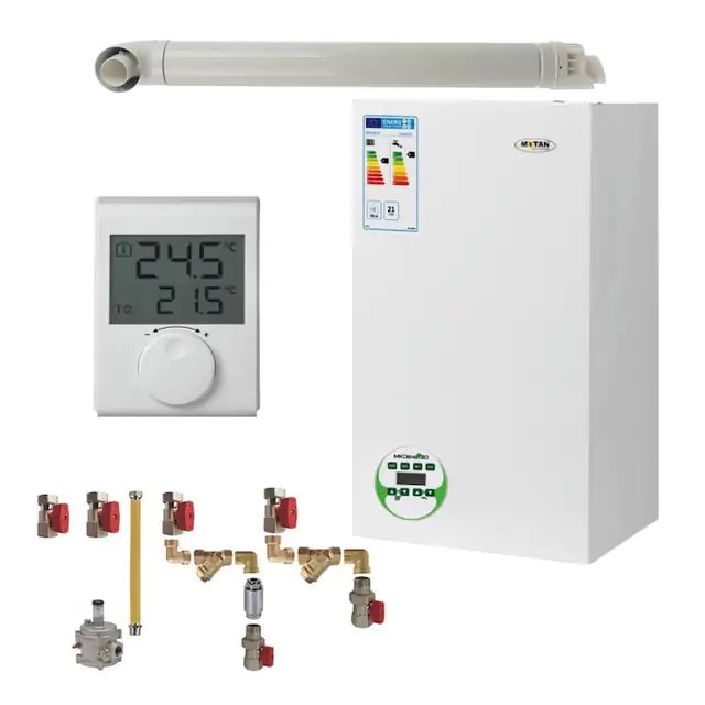 Pachet centrala termica Motan MKDens 20-P 22.5 kW, in condensare, kit evacuare, kit montaj complet RTM si termostat ambiental Wireless RTM incluse