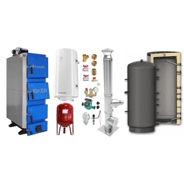 Set centrala pe combustibil solid, (lemn, carbune), Fornello Joker 55 kW, Puffer 800 litri, Cos Inox, Boiler, Vas Expansiune, Pompa, Fitinguri Montaj