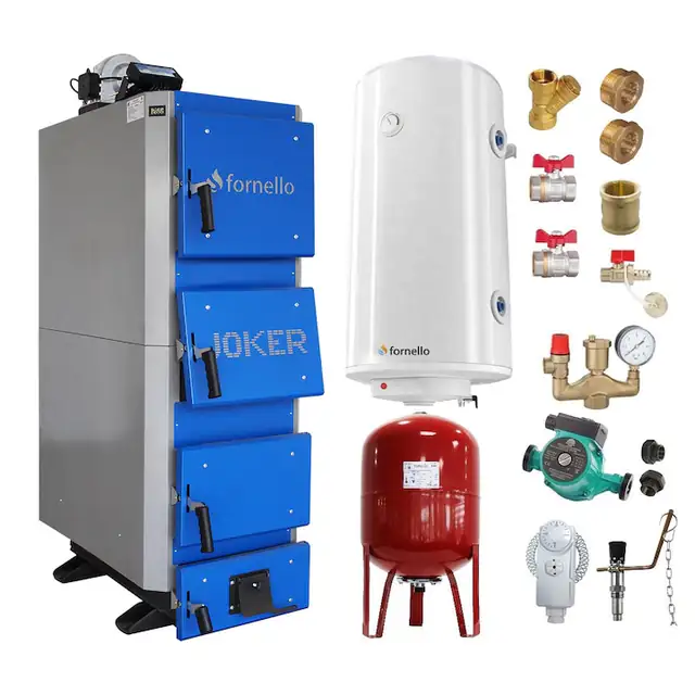 Set centrala pe combustibil solid, (lemn, carbune), Fornello Joker 42 kW, Boiler, Vas Expansiune, Pompa, Fitinguri Montaj