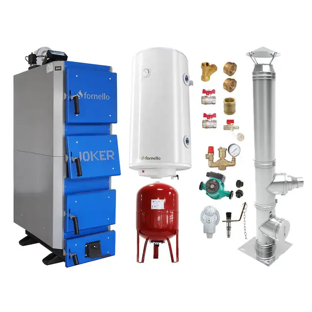 Set centrala pe combustibil solid, (lemn, carbune), Fornello Joker 42 kW, Cos Inox, Boiler, Vas Expansiune, Pompa, Fitinguri Montaj