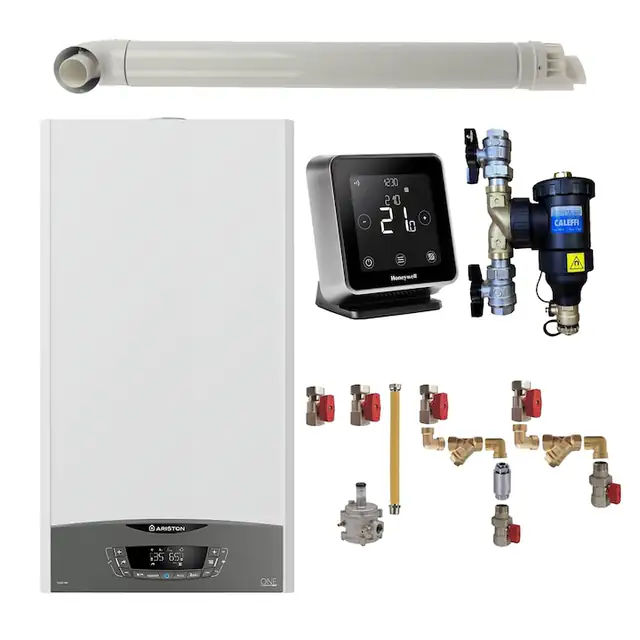 Pachet centrala termica pe gaz Ariston Clas One 30 kW, Wi-Fi, termonstat Honeywell Lyric T6R, kit montaj complet RTM, filtru antimagnetita Caleffi Dirtmag 3/4" si kit evacuare RTM incluse