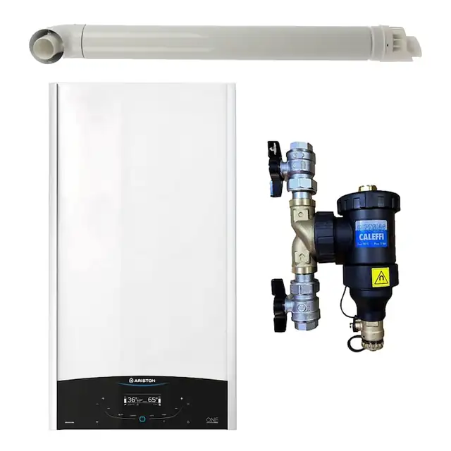Pachet centrala termica in condensare Ariston GENUS ONE+ WI-FI 30, 30 kW, gaz natural + GPL, murala, WI-FI, filtru antimagnetita Caleffi Dirtmag 3/4" si kit evacuare RTM incluse