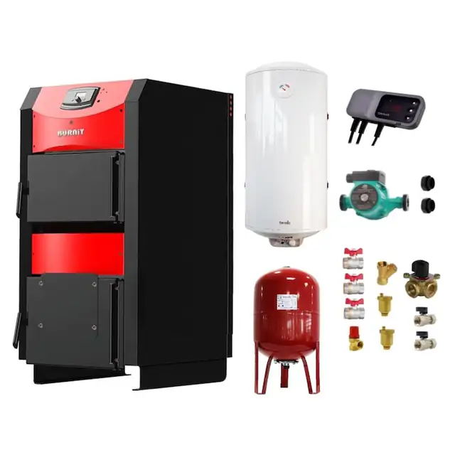 Set Centrala pe combustibil solid ​Sunsystem Burnit NWB PRIME 40 kW, boiler termoelectric, vas expansiune, pompa circulare, controller pompa, fitinguri montaj