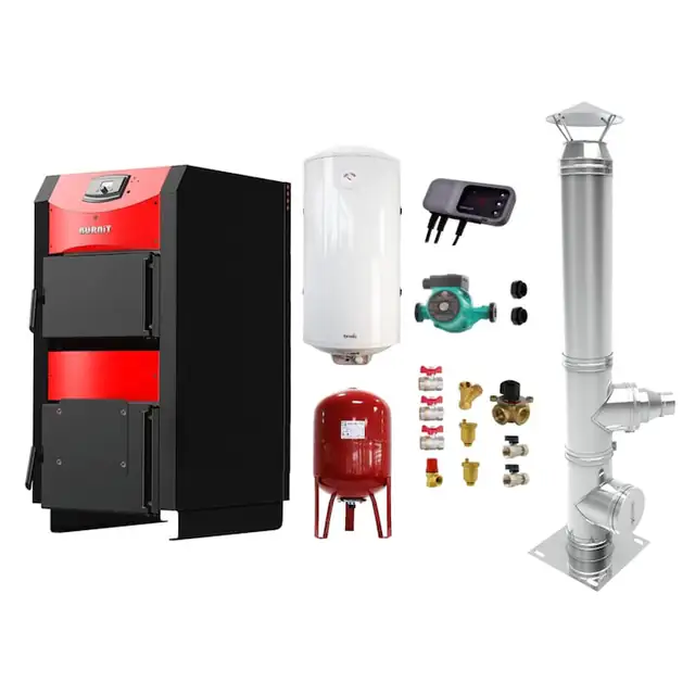 Set Centrala pe combustibil solid ​Sunsystem Burnit NWB PRIME 40 kW, cos inox, boiler termoelectric, vas expansiune, pompa circulare, controller pompa, fitinguri montaj
