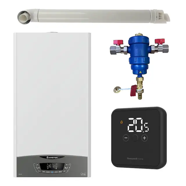 Pachet centrala termica pe gaz in condensare, Ariston Clas One 30 kW, Wi-Fi, murala, termostat Honeywell DT4R, filtru antimagnetita RTM 3/4" si kit evacuare RTM incluse