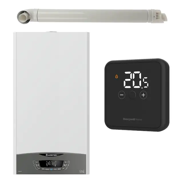 Pachet centrala termica pe gaz in condensare, Ariston Clas One 30 kW, Wi-Fi, murala, termostat Honeywell Wireless DT4R si kit evacuare RTM incluse