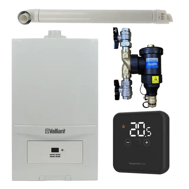 Pachet centrala termica Vaillant VUW 236/7-2 ecoTEC Pure 23 kW, gaz natural + GPL, murala, termostat Honeywell DT4R, filtru antimagnetita Caleffi Dirtmag 3/4" si kit evacuare RTM incluse
