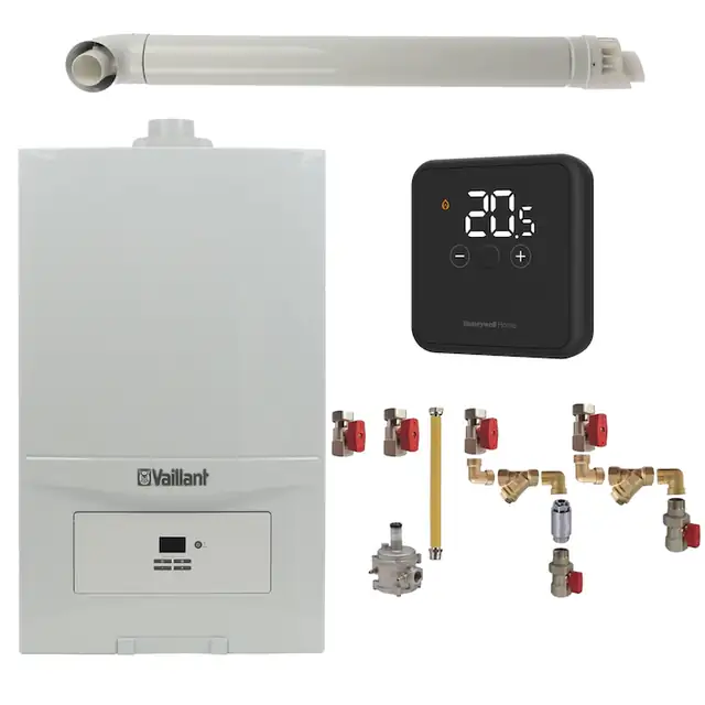 Pachet centrala termica Vaillant VUW 236/7-2 ecoTEC Pure 23 kW, gaz natural + GPL, termostat Honeywell DT4R, kit montaj complet RTM si kit evacuare RTM incluse