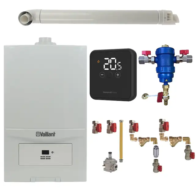 Pachet centrala termica Vaillant VUW 286/7-2 ecoTEC Pure 28 kW, gaz natural + GPL, termostat Honeywell DT4R, filtru antimagnetita RTM 3/4", kit montaj complet RTM si kit evacuare incluse