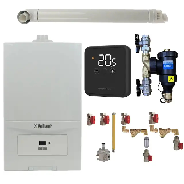 Pachet centrala termica Vaillant VUW 286/7-2 ecoTEC Pure 28 kW, gaz natural + GPL, termostat Honeywell DT4R, filtru antimagnetita Caleffi Dirtmag 3/4", kit montaj complet RTM si kit evacuare incluse