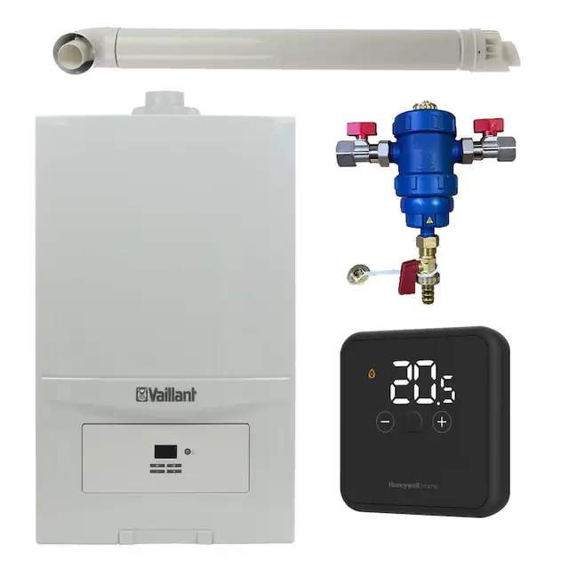 Pachet centrala termica Vaillant VUW 286/7-2 ecoTEC Pure 28 kW, gaz natural + GPL, murala, termostat Honeywell DT4R, filtru antimagnetita RTM 3/4" si kit evacuare RTM incluse