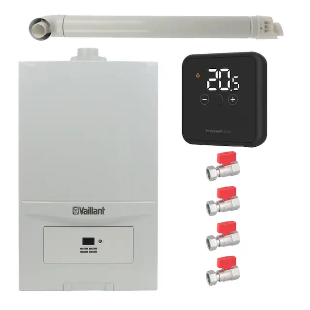 Pachet centrala termica Vaillant VUW 286/7-2 ecoTEC Pure 28 kW, gaz natural + GPL, termostat Honeywell DT4R, set robineti Fornara si kit evacuare RTM incluse