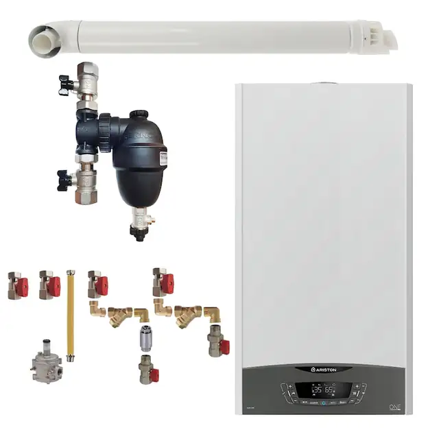 Pachet centrala termica pe gaz in condensare, Ariston Clas One 30 kW, Wi-Fi, murala, filtru antimagnetita Fernox F1 Sigma, kit montaj complet RTM si kit evacuare RTM incluse
