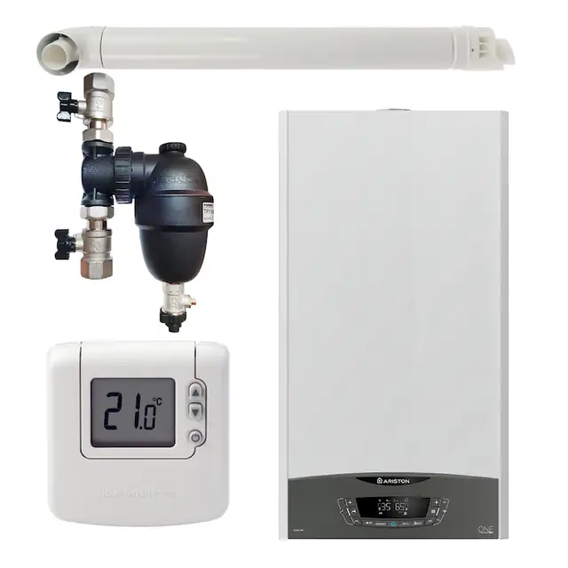 Pachet centrala termica pe gaz in condensare, Ariston Clas One 30 kW, Wi-Fi, murala, termostat Honeywell wireless DT92, filtru antimagnetita Fernox F1 Sigma si kit evacuare RTM incluse