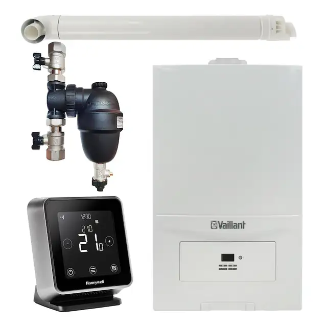 Pachet centrala termica Vaillant VUW 286/7-2 ecoTEC Pure 28 kW, gaz natural + GPL, murala, termostat Wi-Fi Honeywell Lyric T6R, filtru antimagnetita Fernox F1 Sigma si kit evacuare RTM incluse