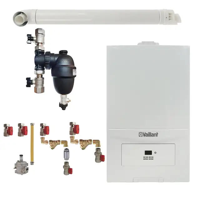 Pachet centrala termica Vaillant VUW 286/7-2 ecoTEC Pure 28 kW, gaz natural + GPL, murala, filtru antimagnetita Fernox F1 Sigma, kit montaj complet RTM si kit evacuare RTM incluse