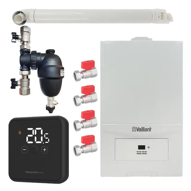 Pachet centrala termica Vaillant VUW 236/7-2 ecoTEC Pure 23 kW, gaz natural + GPL, murala, termostat Honeywell wireless DT4R, filtru antimagnetita Fernox F1 Sigma, set robineti Fornara si kit evacuare RTM incluse