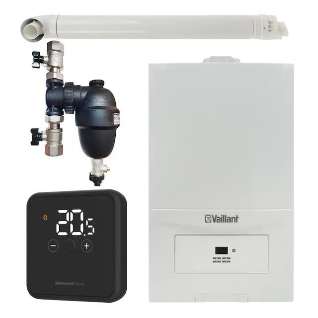Pachet centrala termica Vaillant VUW 236/7-2 ecoTEC Pure 23 kW, gaz natural + GPL, murala, termostat Honeywell wireless DT4R, filtru antimagnetita Fernox F1 Sigma si kit evacuare RTM incluse