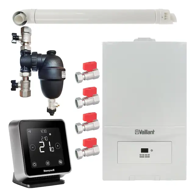 Pachet centrala termica Vaillant VUW 286/7-2 ecoTEC Pure 28 kW, gaz natural + GPL, murala, termostat Wi-Fi Honeywell Lyric T6R, filtru antimagnetita Fernox F1 Sigma, set robineti Fornara si kit evacuare RTM incluse