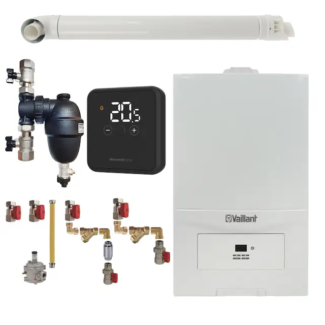 Pachet centrala termica Vaillant VUW 236/7-2 ecoTEC Pure 23 kW, gaz natural + GPL, murala, termostat Honeywell wireless DT4R, filtru antimagnetita Fernox F1 Sigma, kit montaj complet RTM si kit evacuare RTM incluse