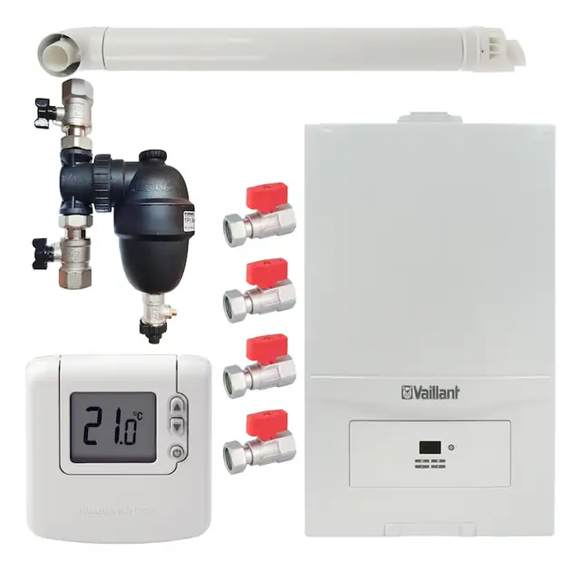 Pachet centrala termica Vaillant VUW 286/7-2 ecoTEC Pure 28 kW, gaz natural + GPL, murala, termostat Honeywell wireless DT92, filtru antimagnetita Fernox F1 Sigma, set robineti Fornara si kit evacuare RTM incluse