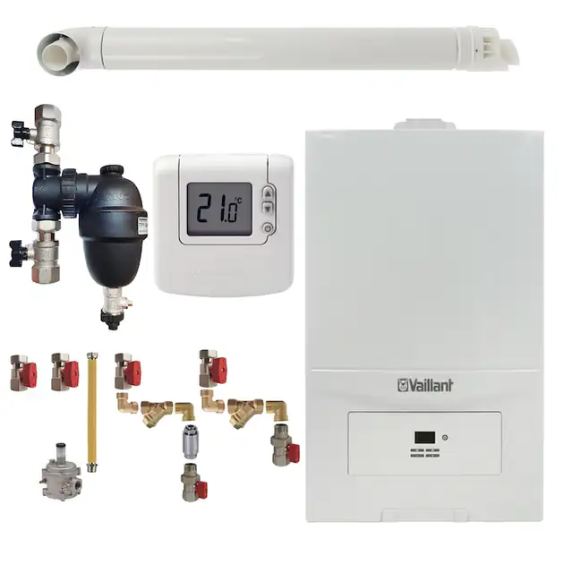Pachet centrala termica Vaillant VUW 236/7-2 ecoTEC Pure 23 kW, gaz natural + GPL, murala, termostat Honeywell wireless DT92, filtru antimagnetita Fernox F1 Sigma, kit montaj complet RTM si kit evacuare RTM incluse