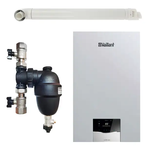 Pachet centrala termica Vaillant VUW 32CS/1-5 ecoTEC Plus 27 kW, filtru antimagnetita Fernox F1 Sigma si kit evacuare RTM incluse