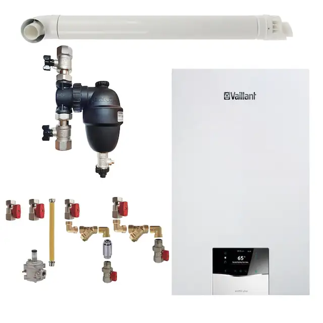 Pachet centrala termica Vaillant VUW 32CS/1-5 ecoTEC Plus 27 kW, filtru antimagnetita Fernox F1 Sigma, kit montaj complet RTM si kit evacuare RTM incluse