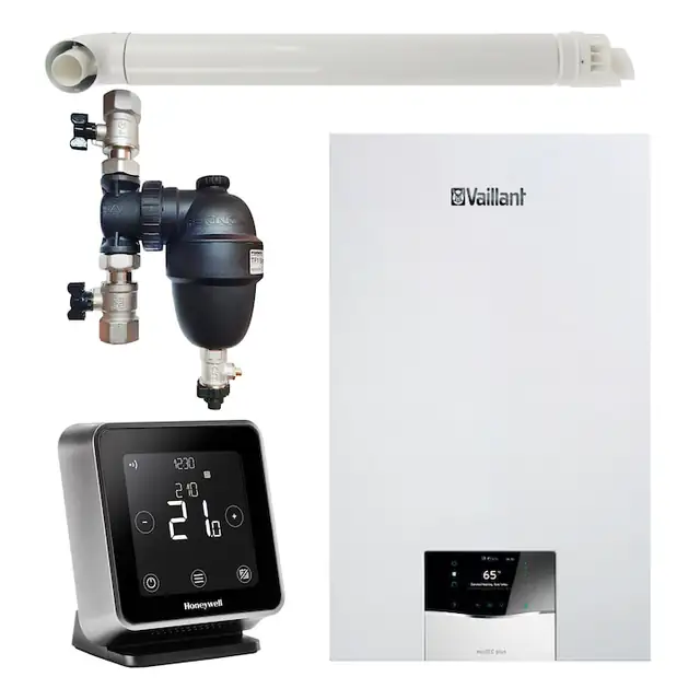 Pachet centrala termica Vaillant VUW 40CS/1-5 ecoTEC Plus 37.7 kW, termostat Wi-Fi Honeywell Lyric T6R, filtru antimagnetita Fernox F1 Sigma si kit evacuare RTM incluse