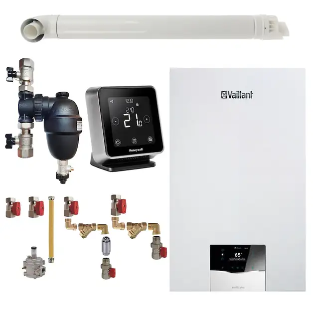 Pachet centrala termica Vaillant VUW 32CS/1-5 ecoTEC Plus 27 kW, termostat Wi-Fi Honeywell Lyric T6R, filtru antimagnetita Fernox F1 Sigma, kit montaj complet RTM si kit evacuare RTM incluse