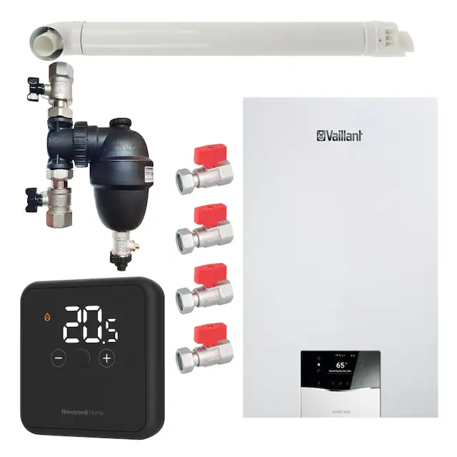 Pachet centrala termica Vaillant VUW 26CS/1-5 ecoTEC Plus 21 kW, termostat Honeywell wireless DT4R, filtru antimagnetita Fernox F1 Sigma, set robineti Fornara si kit evacuare RTM incluse