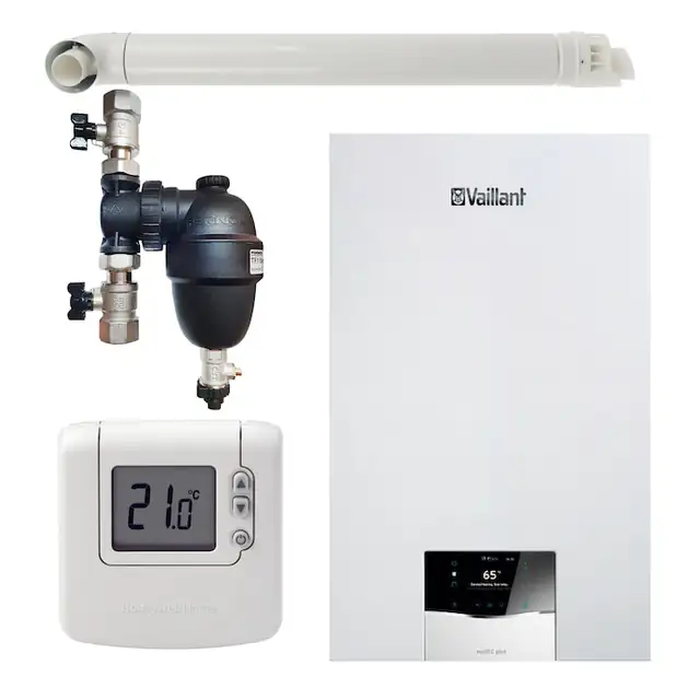 Pachet centrala termica Vaillant VUW 32CS/1-5 ecoTEC Plus 27 kW, termostat Honeywell wireless DT92, filtru antimagnetita Fernox F1 Sigma si kit evacuare RTM incluse