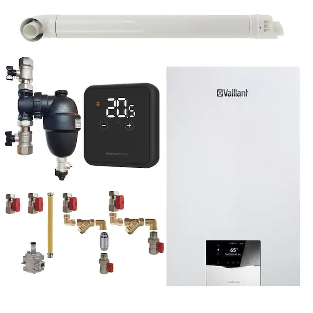 Pachet centrala termica Vaillant VUW 40CS/1-5 ecoTEC Plus 37.7 kW, termostat Honeywell wireless DT4R, filtru antimagnetita Fernox F1 Sigma, kit montaj complet RTM si kit evacuare RTM incluse