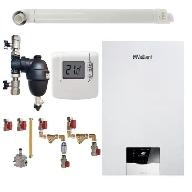 Pachet centrala termica Vaillant VUW 32CS/1-5 ecoTEC Plus 27 kW, termostat Honeywell wireless DT92, filtru antimagnetita Fernox F1 Sigma, kit montaj complet RTM si kit evacuare RTM incluse