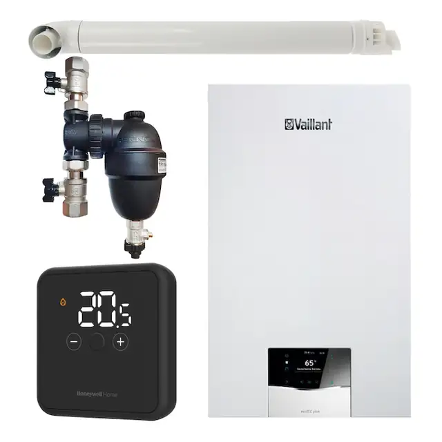Pachet centrala termica Vaillant VUW 40CS/1-5 ecoTEC Plus 37.7 kW, termostat Honeywell wireless DT4R, filtru antimagnetita Fernox F1 Sigma si kit evacuare RTM incluse
