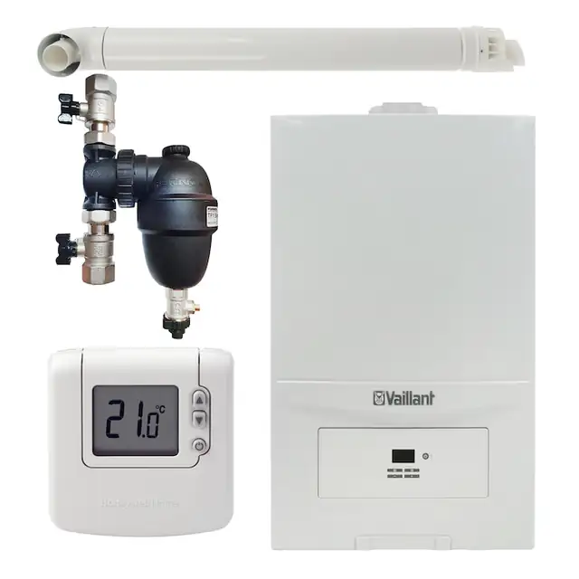 Pachet centrala termica Vaillant VUW 286/7-2 ecoTEC Pure 28 kW, gaz natural + GPL, murala, termostat Honeywell wireless DT92, filtru antimagnetita Fernox F1 Sigma si kit evacuare RTM incluse