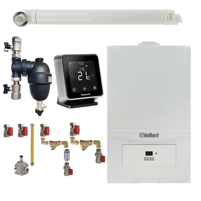 Pachet centrala termica Vaillant VUW 236/7-2 ecoTEC Pure 23 kW, gaz natural + GPL, murala, termostat Wi-Fi Honeywell Lyric T6R, filtru antimagnetita Fernox F1 Sigma, kit montaj complet RTM si kit evacuare RTM incluse