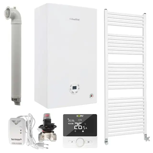 Pachet centrala termica pe gaz/GPL in condensare Fondital Tenerife KC 24 kW, clasa A, vas expansiune 9 litri, Kit evacuare, Termostat ambiental KOPH WT-25, Kit senzor gaz si electrovalva 3/4", Calorifer aluminiu de baie 600/1490 mm