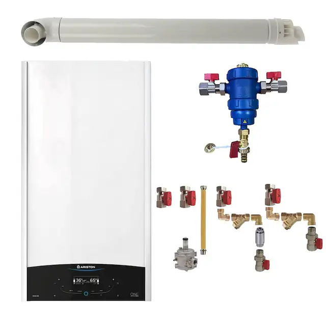 Pachet centrala termica murala Ariston GENUS ONE+ System 35 kW, in condensare, doar incalzire, filtru antimagnetita RTM 3/4", kit montaj complet RTM si kit de evacuare RTM incluse