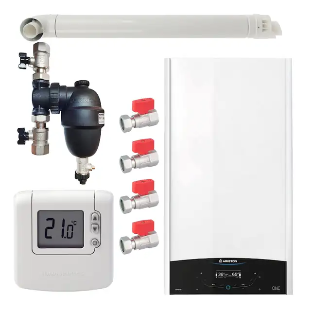 Pachet centrala termica Ariston GENUS ONE+ System 24 kW, doar incalzire, doar incalzire, termostat Honeywell Wireless DT92, cu filtru antimagnetita Fernox TF1, set robineti Fornara si kit de evacuare RTM incluse