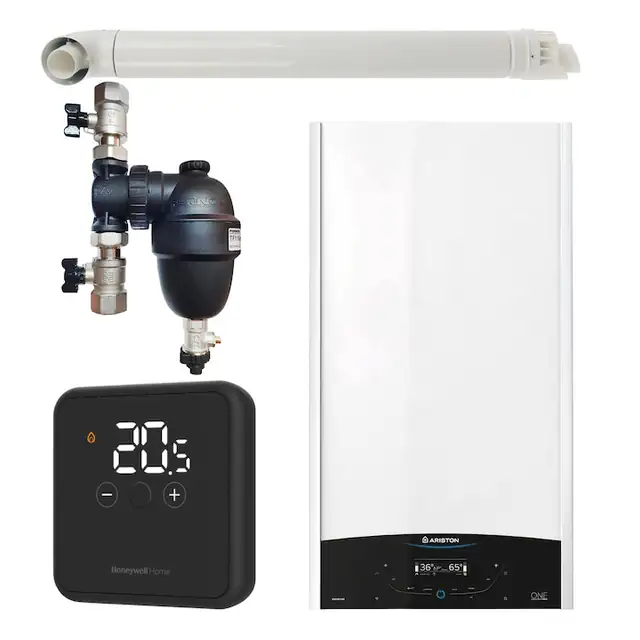 Pachet centrala termica murala Ariston GENUS ONE+ System 24 kW, in condensare, doar incalzire, termostat Honeywell Wireless DT4R, filtru antimagnetita Fernox TF1 si kit de evacuare RTM incluse