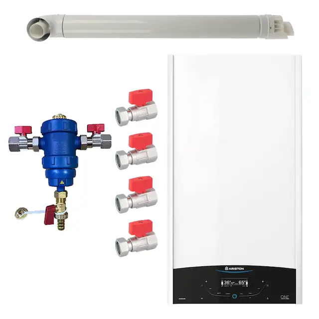 Pachet centrala termica murala Ariston GENUS ONE+ System 24 kW, in condensare, doar incalzire, gaz natural + GPL, filtru antimagnetita RTM 3/4", set robineti Fornara si kit de evacuare RTM incluse