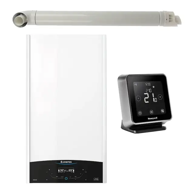 Pachet centrala termica murala Ariston GENUS ONE+ System 35 kW, in condensare, doar incalzire, termostat Wi-Fi Honeywell Lyric T6R si kit de evacuare RTM incluse
