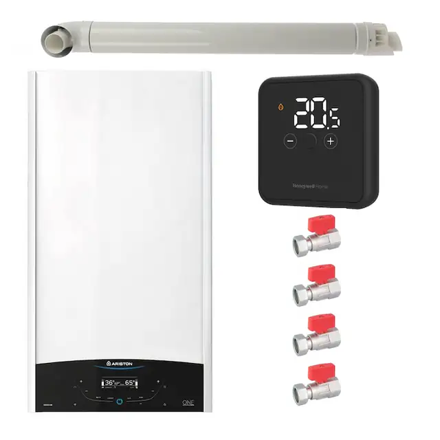 Pachet centrala termica murala Ariston GENUS ONE+ System 24 kW, in condensare, doar incalzire, termostat Honeywell Wireless DT4R, set robineti Fornara si kit de evacuare RTM incluse