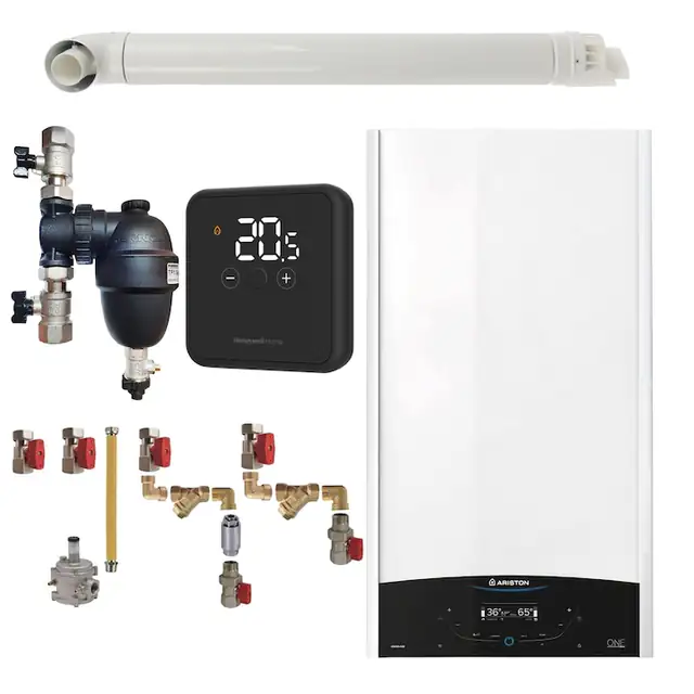 Pachet centrala termica Ariston GENUS ONE+ System 24 kW, doar incalzire, doar incalzire, termostat Honeywell Wireless DT4R, cu filtru antimagnetita Fernox TF1, kit montaj complet RTM si kit de evacuare RTM incluse
