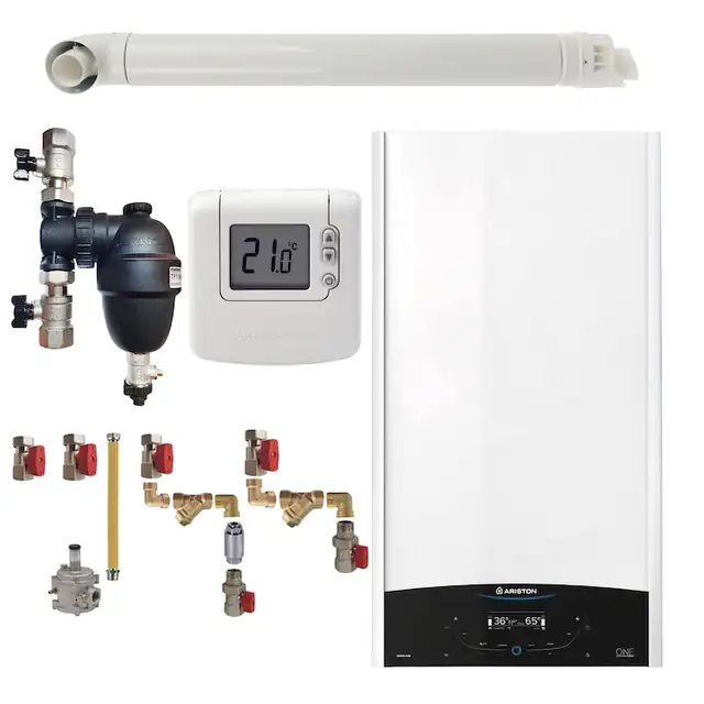 Pachet centrala termica Ariston GENUS ONE+ System 24 kW, doar incalzire, doar incalzire, termostat Honeywell Wireless DT92, cu filtru antimagnetita Fernox TF1, kit montaj complet RTM si kit de evacuare RTM incluse