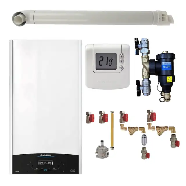 Pachet centrala termica Ariston GENUS ONE+ System 24 kW, doar incalzire, doar incalzire, termostat Honeywell Wireless DT92, cu filtru antimagnetita CALEFFI Dirtmag, kit montaj complet RTM si kit de evacuare RTM incluse