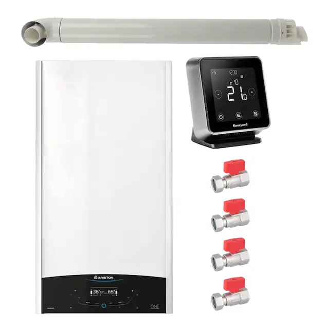 Pachet centrala termica murala Ariston GENUS ONE+ System 24 kW, in condensare, doar incalzire, termostat Wi-Fi Honeywell Lyric T6R, set robineti Fornara si kit de evacuare RTM incluse