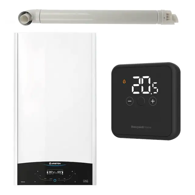 Pachet centrala termica murala Ariston GENUS ONE+ System 24 kW, in condensare, doar incalzire, termostat Honeywell Wireless DT4R si kit de evacuare RTM incluse